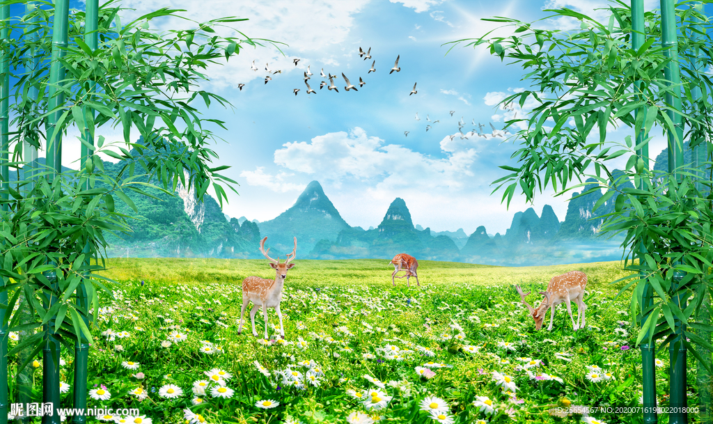 绿色竹林风景小鹿背景墙装饰画