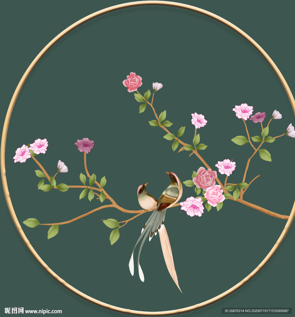 现代简约新中式手绘花朵圆框装饰