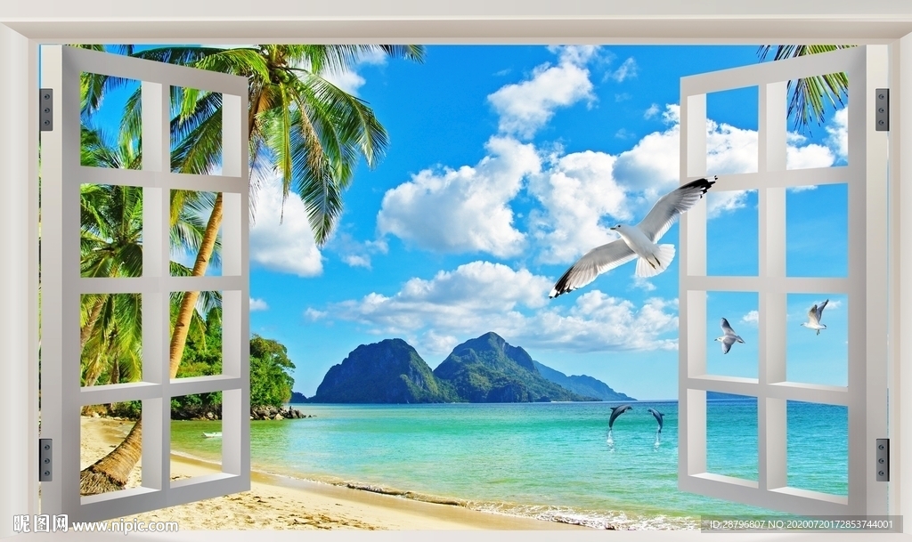 窗外海边风景3D立体电视背景墙
