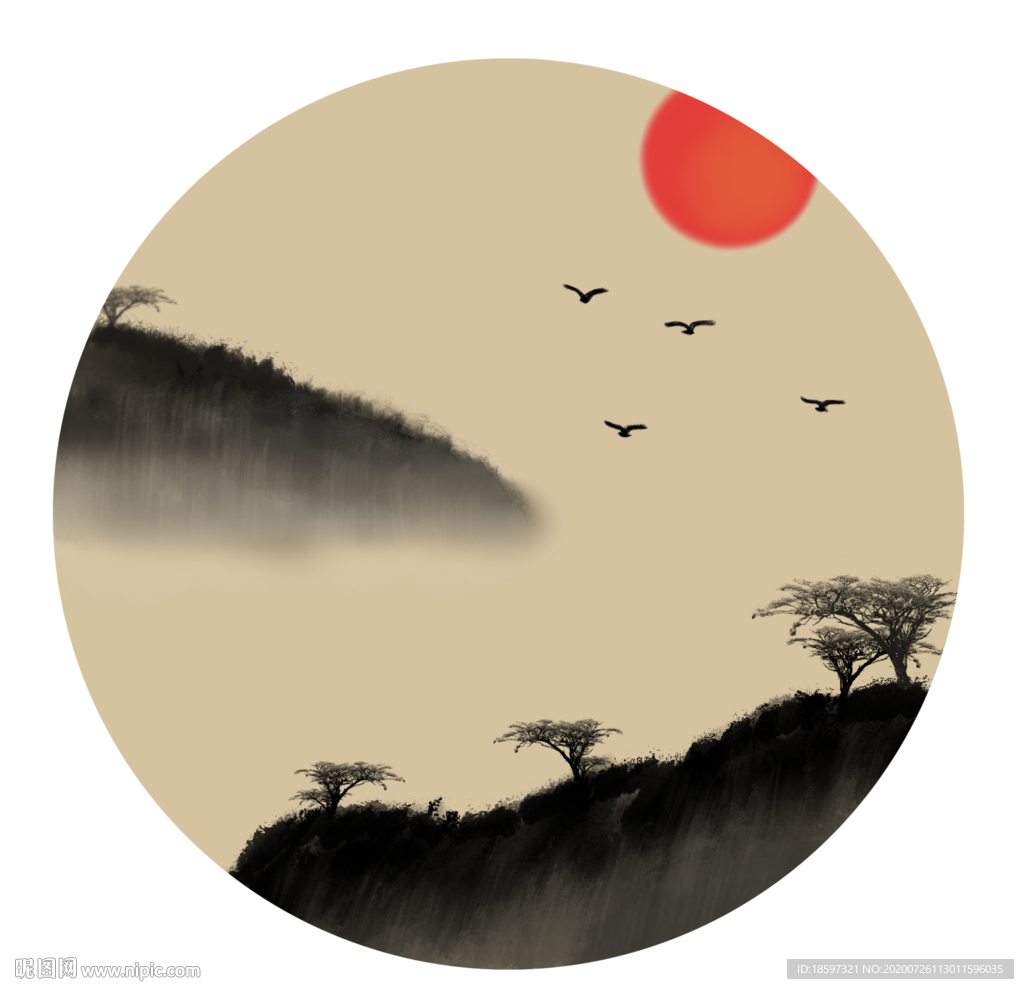 水墨山水日落黃昏云霧夕陽畫