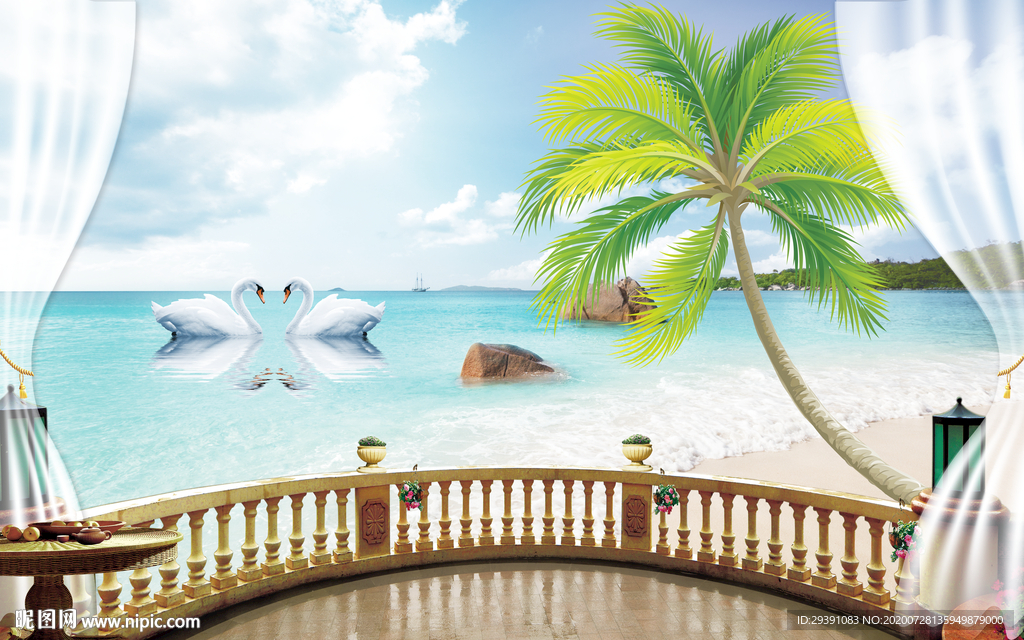 3D阳台窗外海滩海豚椰树背景墙