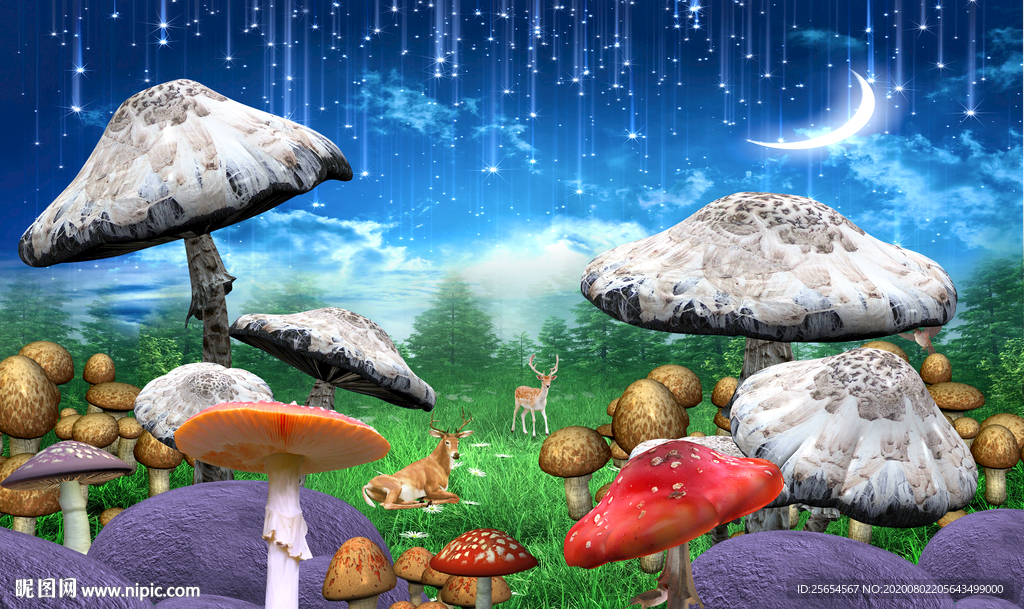 夜晚童话世界蘑菇梦幻场景背景墙