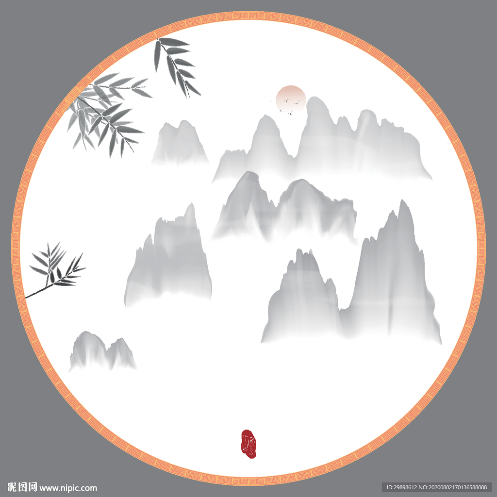 圓形中國風意境水墨竹子山水圖