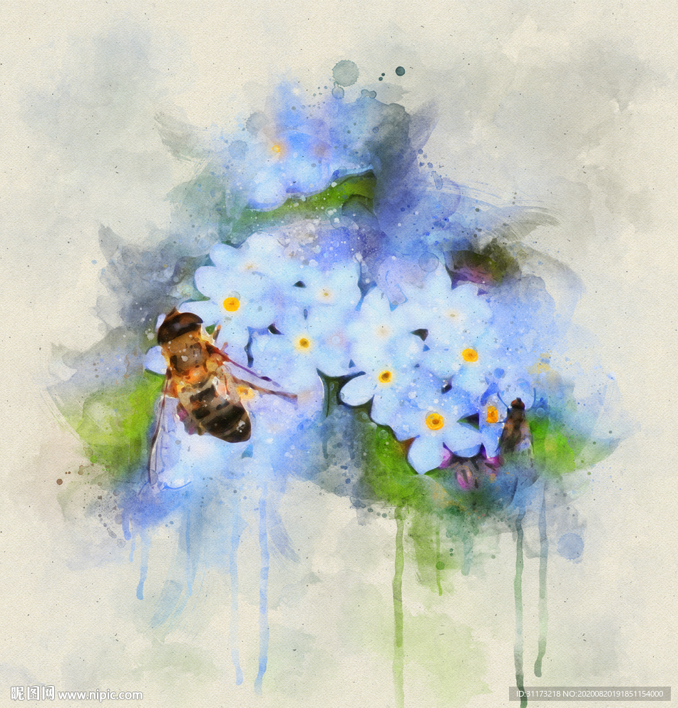 水彩蜜蜂嬉花艺术画