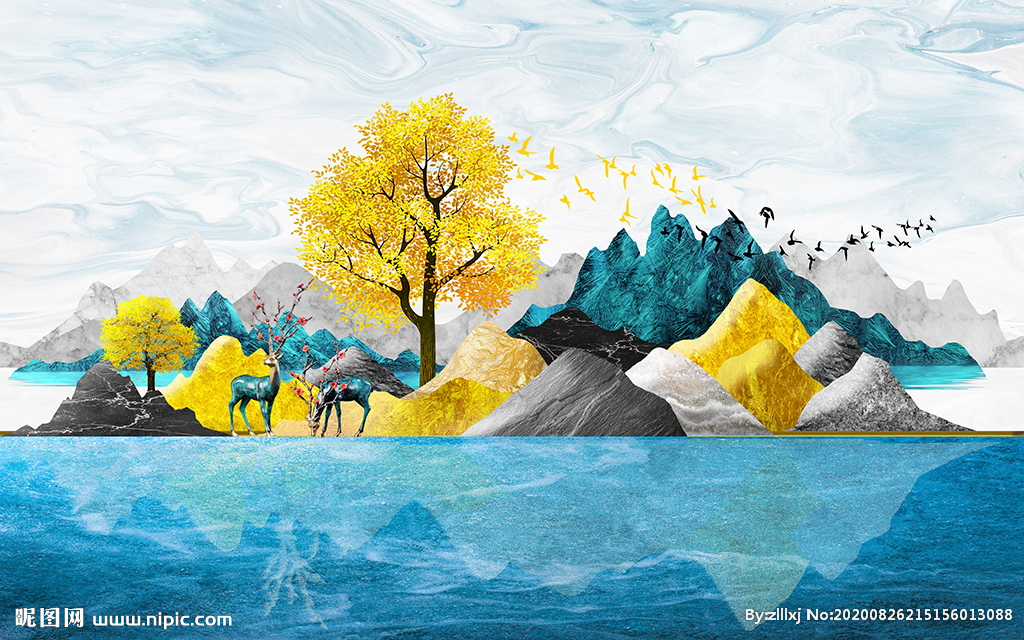 抽象山水大树风景 壁画背景墙