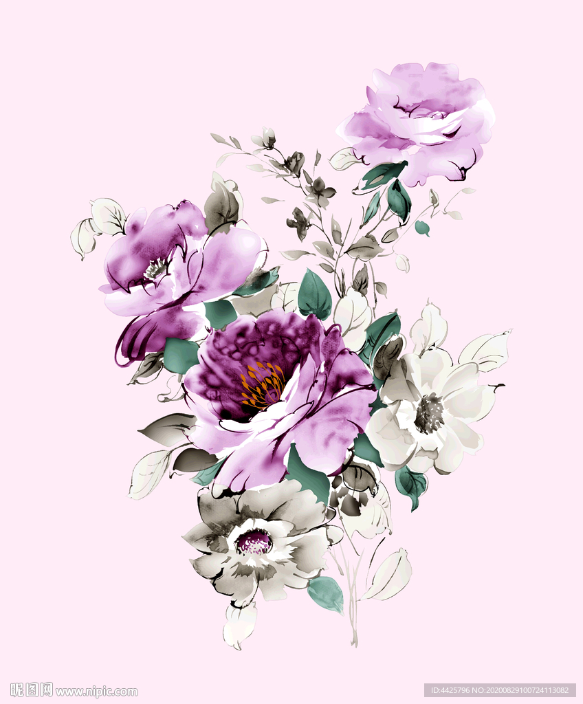 高清手繪花卉印花