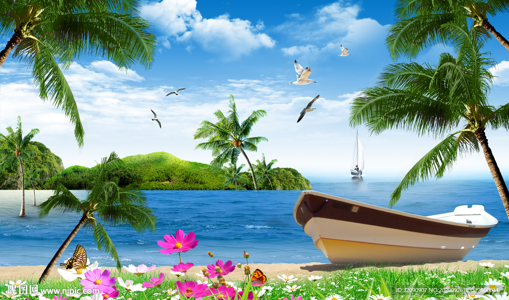 椰树海滩蓝天白云草地背景