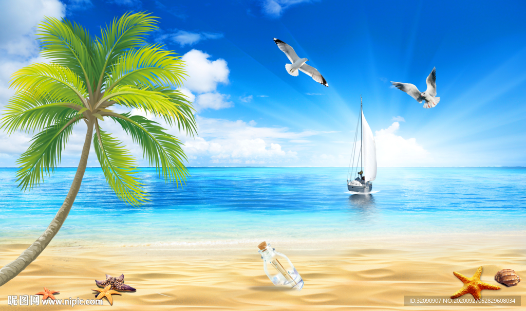 椰树海滩海景漂流瓶海星背景