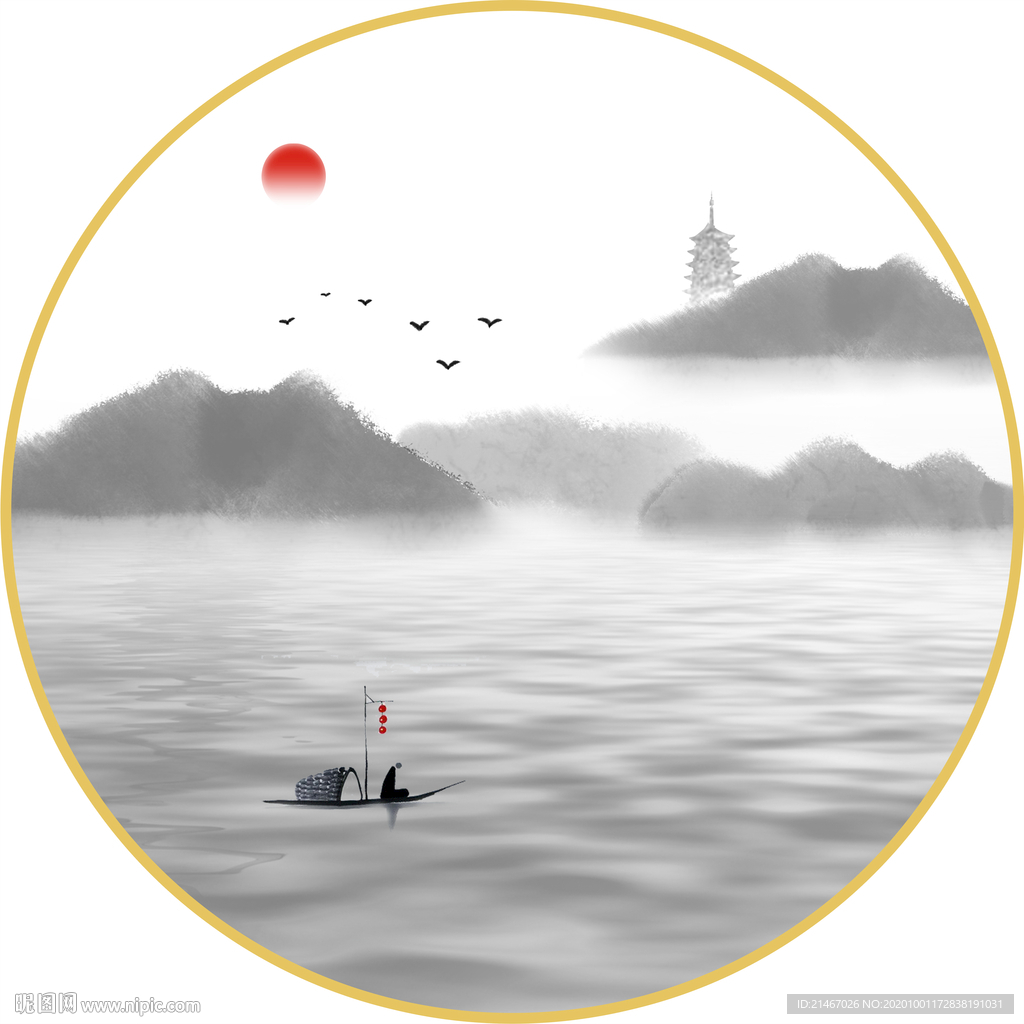 圓形水墨山水畫