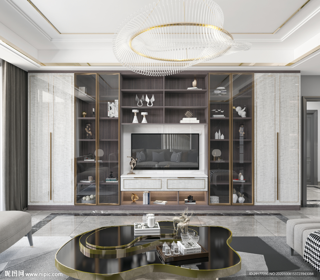 客厅新中式大型实木电视柜效果图设计- 中国风