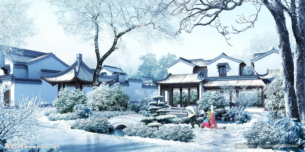 中式别墅雪景效果图
