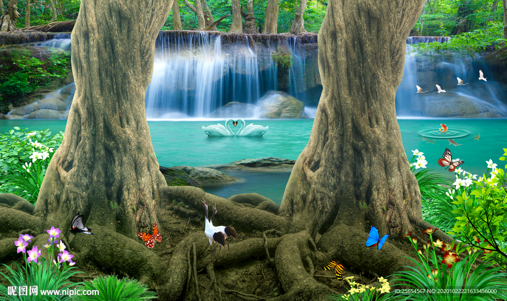 山林瀑布溪流水风景画自然背景墙