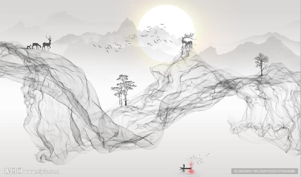 新中式大理石飘带麋鹿山水背景墙