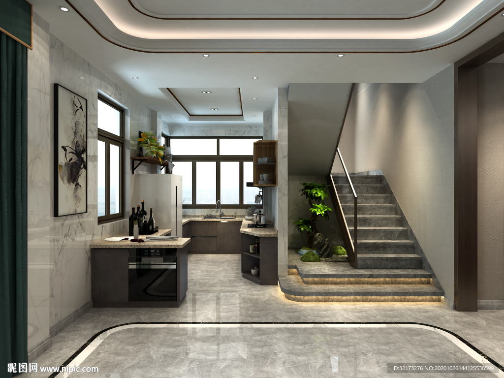 现代轻奢新中式开放式厨房楼梯