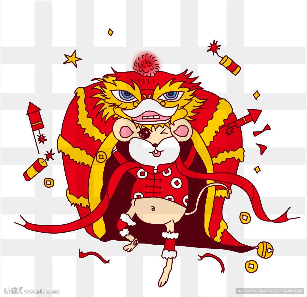 卡通老鼠舞狮迎新年