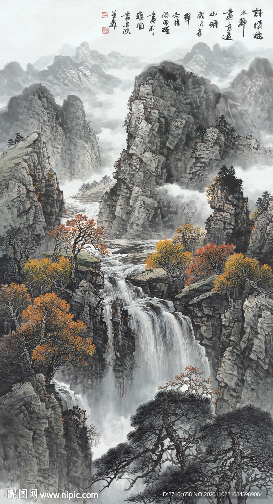新中式中国风竖版山水画背景墙图片