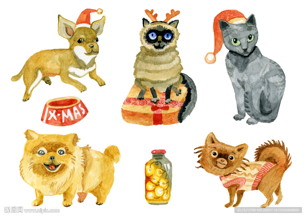 圣诞猫狗动物水彩手绘插画元素