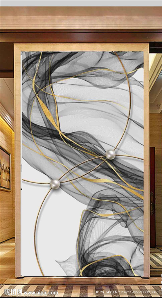 现代烁金抽象金色水墨玄关装饰画