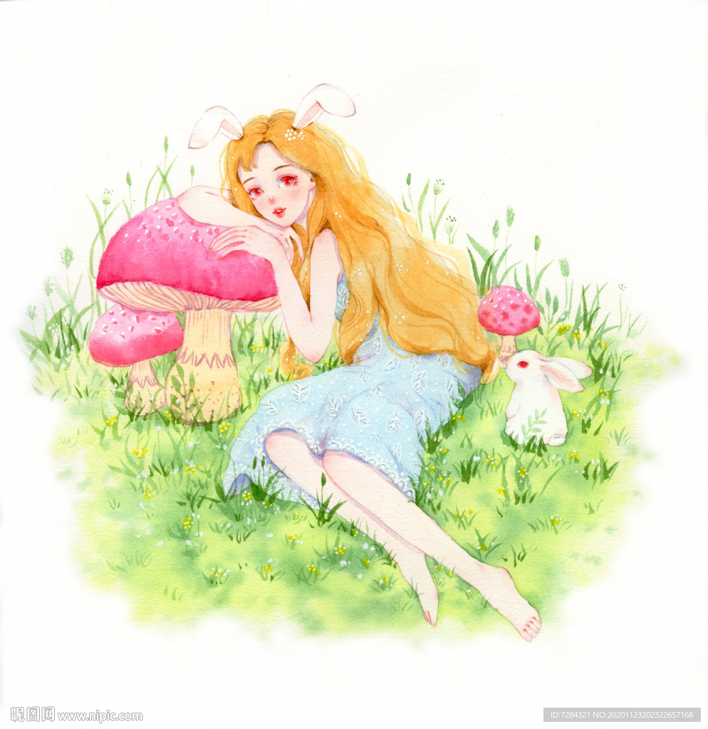 手绘水彩少女与白兔
