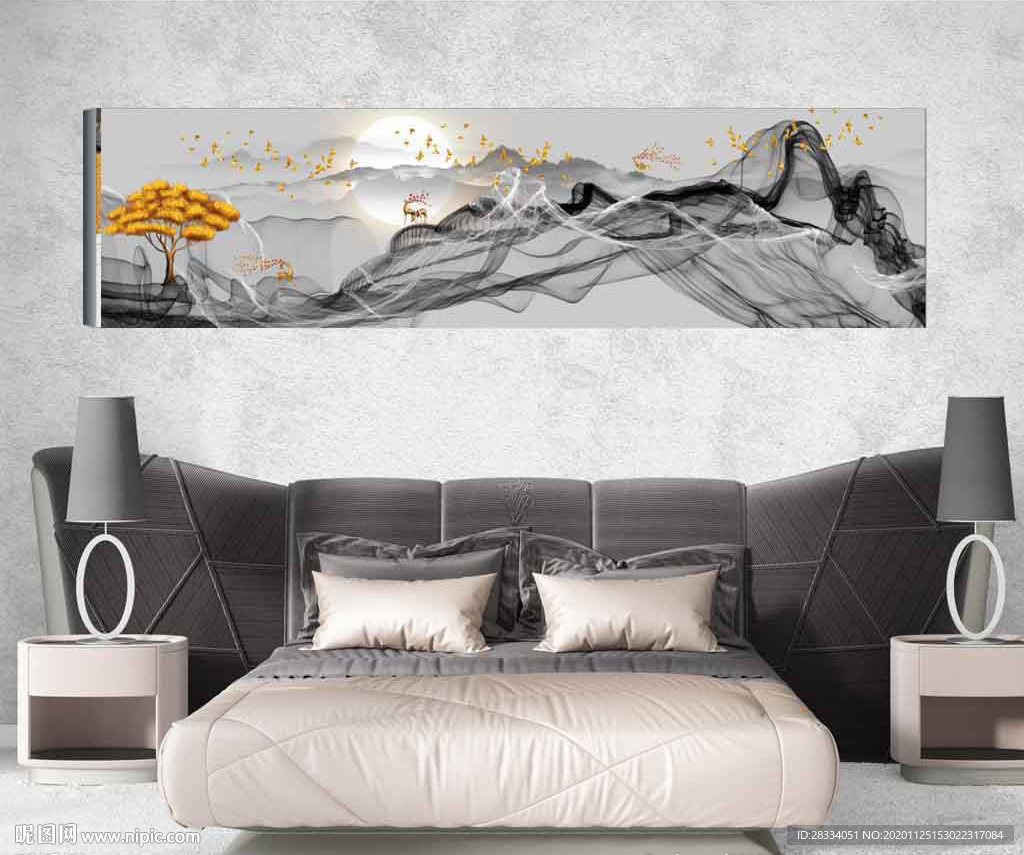新中式抽象麋鹿山水风景床头画