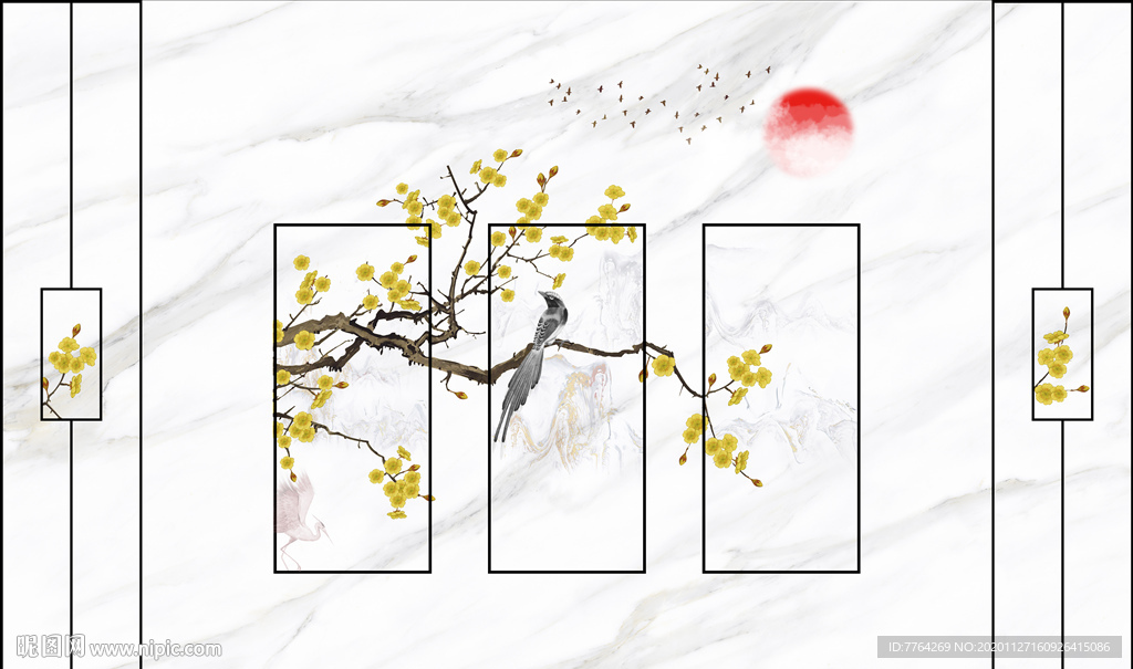 新中式花鳥背景墻