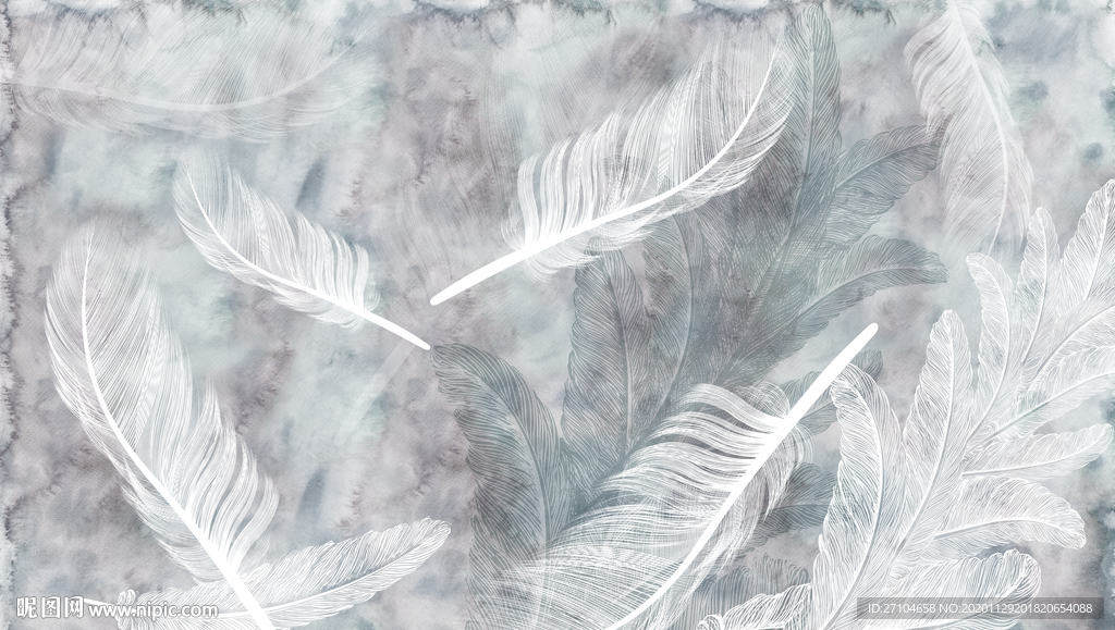 北欧水彩手绘羽毛背景墙