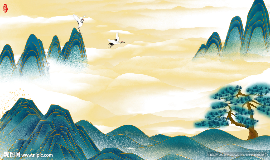 中国风山峰仙鹤金粉背景墙壁画