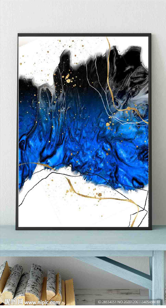 水墨烁金抽象蓝色油画玄关装饰画