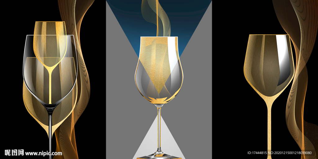创意金色酒杯餐厅三联装饰画