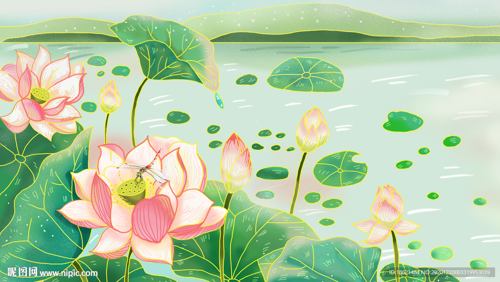 手繪國潮荷花插畫