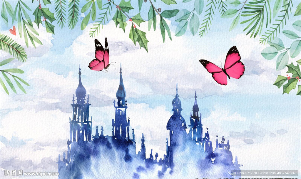 城堡蝴蝶绿叶儿童背景墙