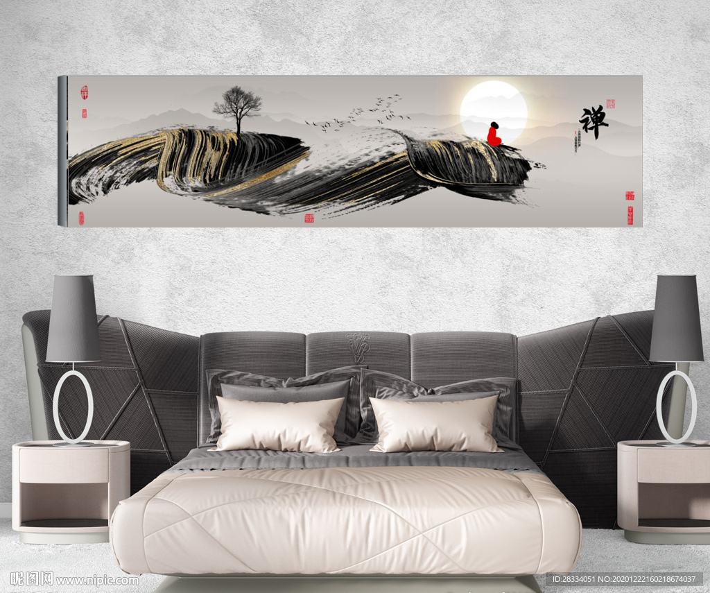 新中式抽象水墨禅意风景床头画