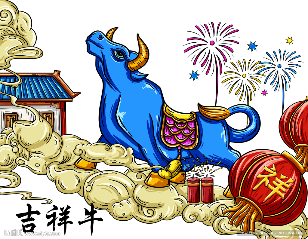 牛年中国风国潮插画图片