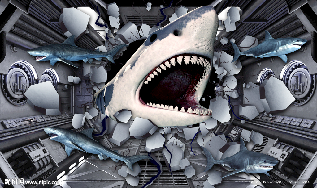 3d立体破墙而出的鲨鱼壁画背景