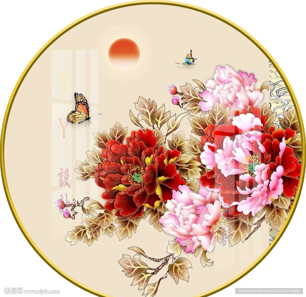 新中式牡丹花圆形装饰画