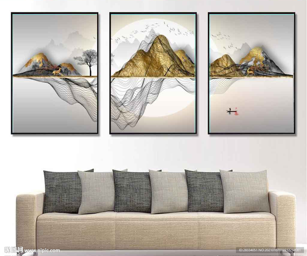 新中式金色抽象山水风景装饰画