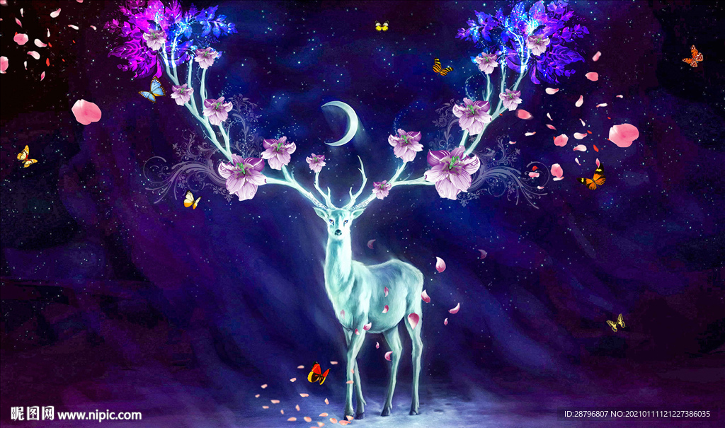 梦幻星空月亮手绘麋鹿北欧壁纸背