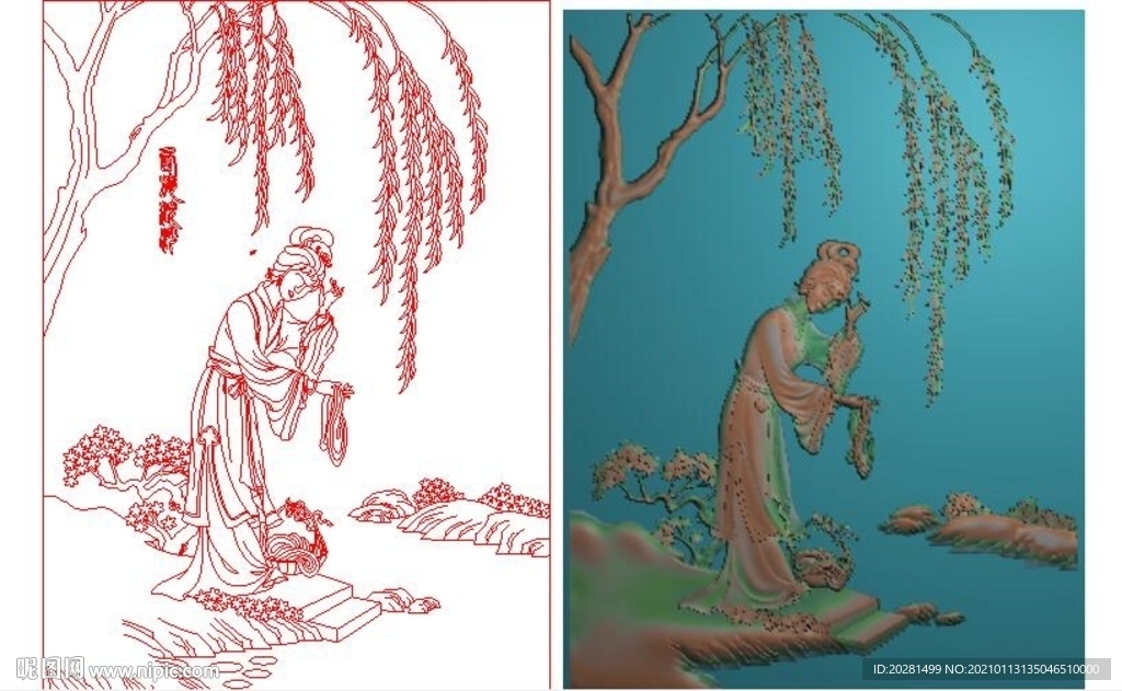 西施浣紗 精雕圖