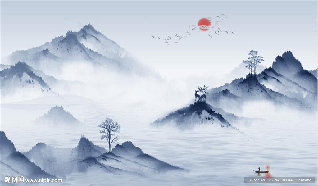 新中式蓝色水墨山水风景背景墙