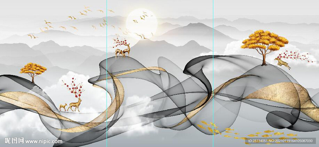 新中式抽象飘带山水麋鹿装饰画