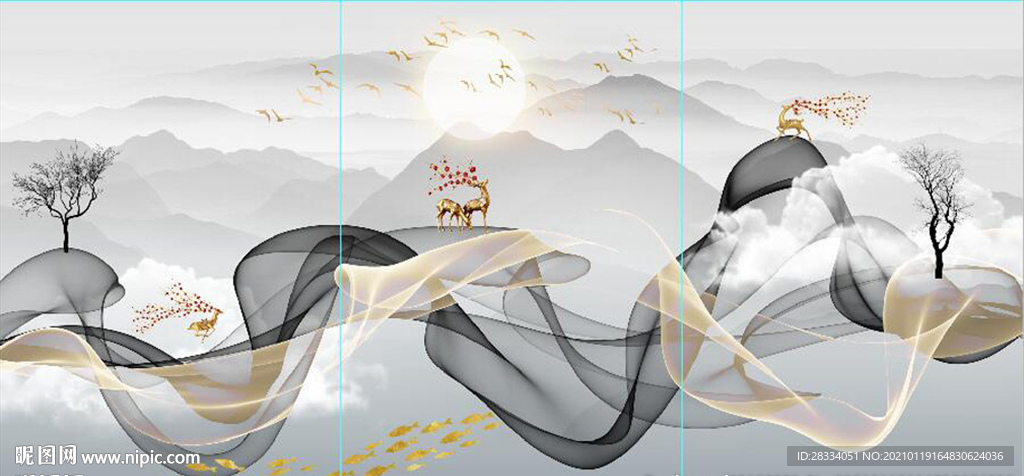 新中式抽象飘带山水麋鹿装饰画