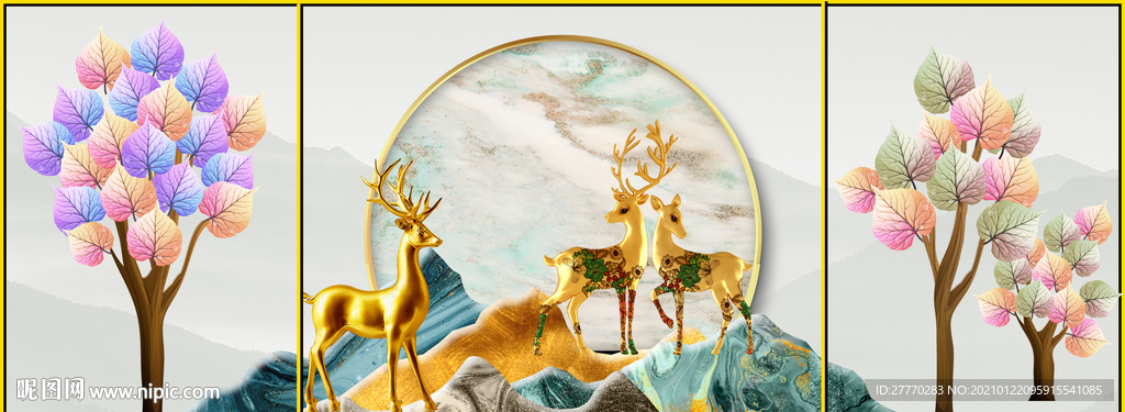 彩色山水麋鹿发财树装饰画