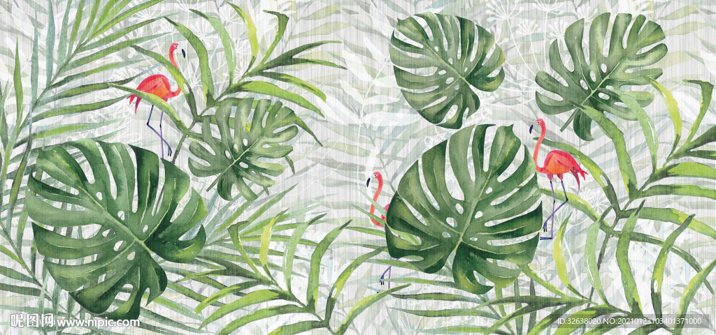火烈鸟和绿叶背景壁纸