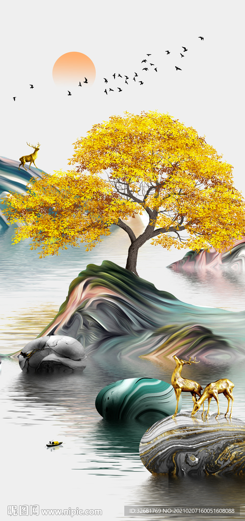 新中式現(xiàn)代抽象簡(jiǎn)約山水意境麋鹿