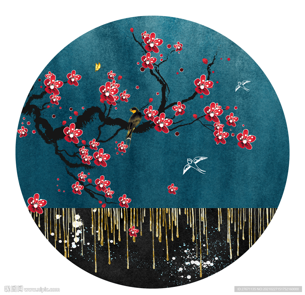 新中式花鸟圆形轻奢装饰画