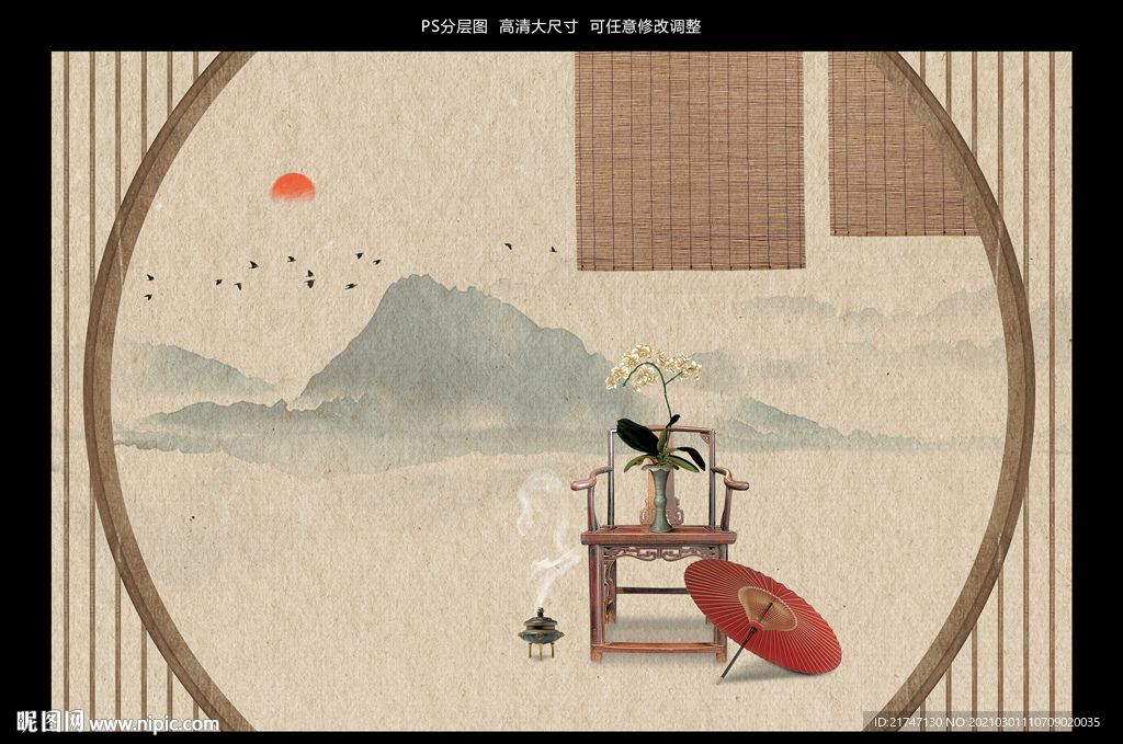 中国风工笔画背景墙装饰画