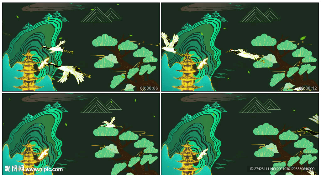 4K國潮中國風松鶴舞美背景視頻