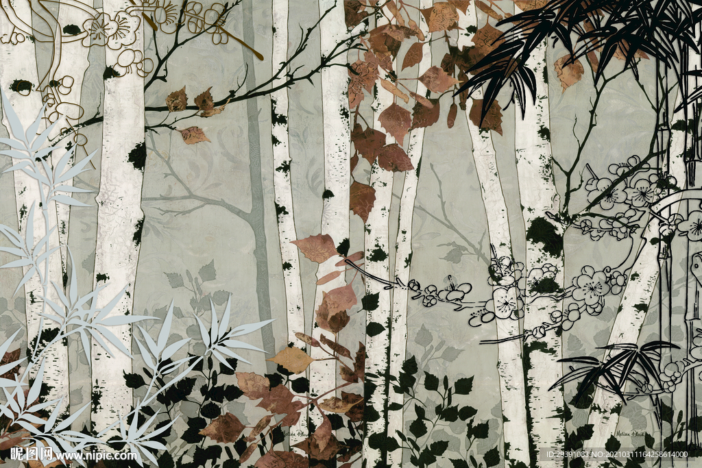 北欧森林手绘森林背景墙图片