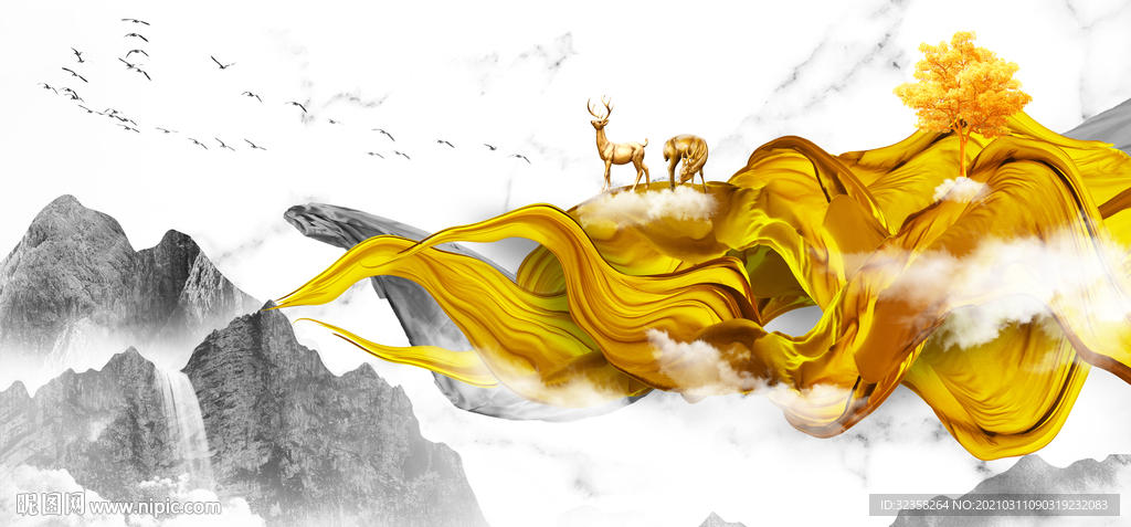 金色麋鹿山水画