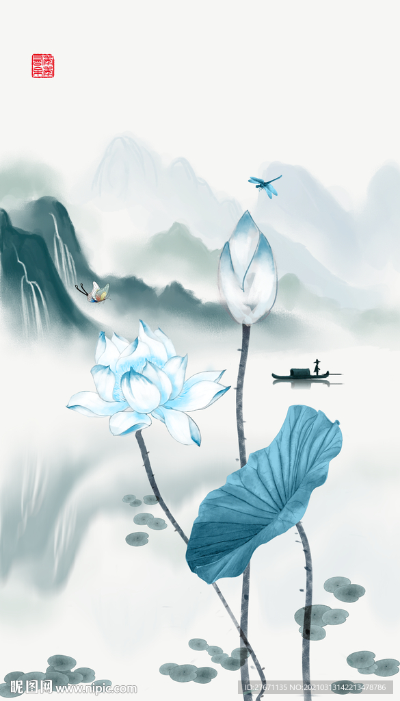 新中式山水蓝色荷花玄关装饰画